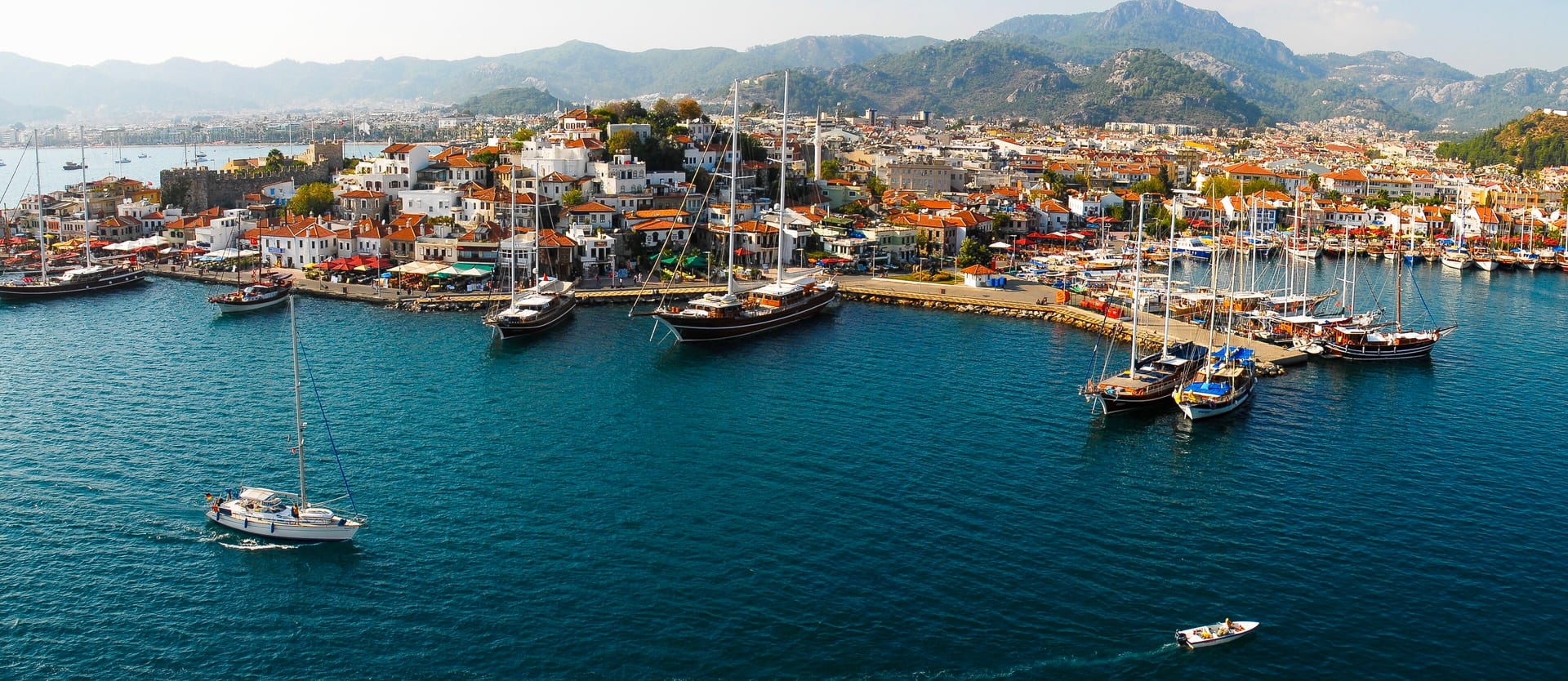 Aerial view of Marmaris harbour and turquoise bay on the Turkish Riviera